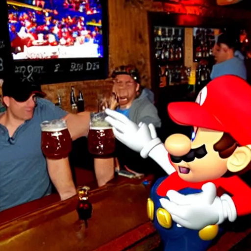 Image similar to super mario chugging a beer and getting drunk at a bar with the boys