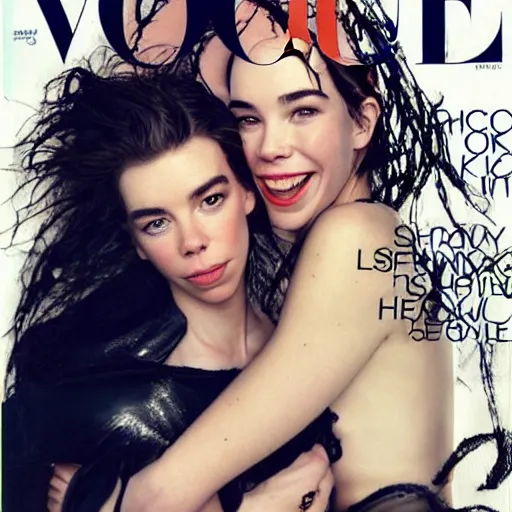 Image similar to stunning vogue magazine photo of dark - haired goddesses vanessa kirby, hailee steinfeld, and bjork smiling, legs intertwined, laying back on the bed, with wet faces!!, wet lips, smooth skin, perfect eyes, insanely detailed, elegant, by wlop, rutkowski, livia prima, mucha, wlop,