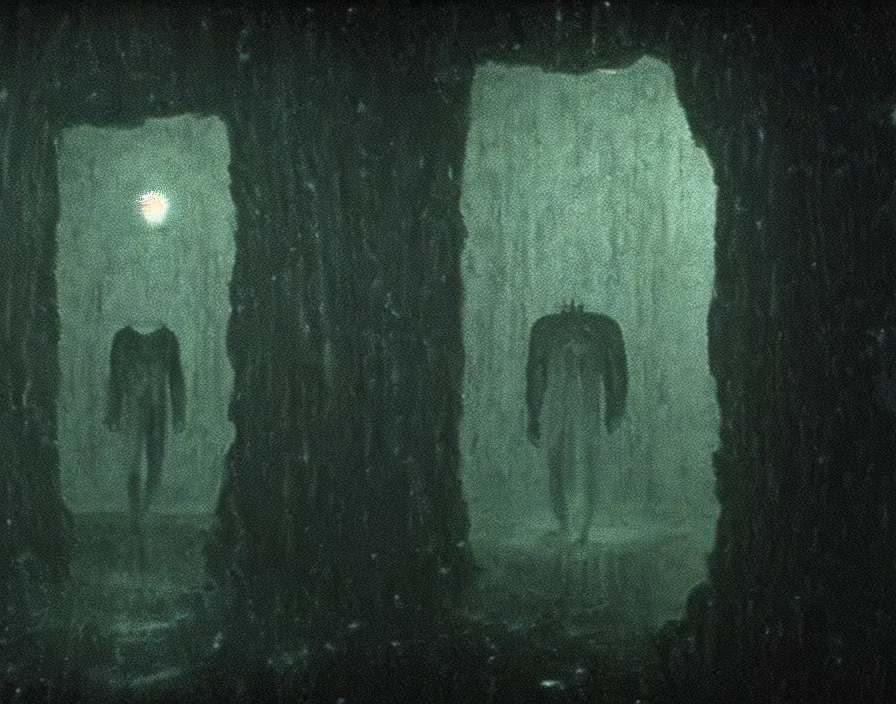 Prompt: a film shot of a portal into a horrifying universe, scifi, horror, cosmic horror, nightmare, found footage, film grain, creepy, uncanny, directed by david lynch