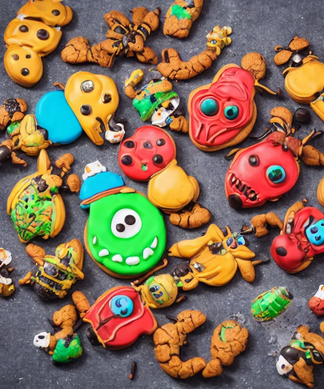 Prompt: high quality presentation photo of colorful anthropomorphic horror alien monster insects eating cookies, photography 4k f1.8 anamorphic bokeh 4k Canon Nikon