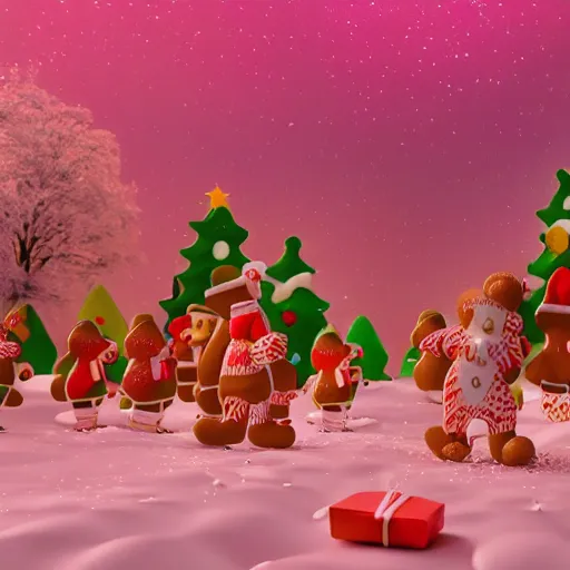 Image similar to cinematic Candy land forest during christmas time with anthropomorphic ginger bread people and candy people, rivers made out of chocolate milk, the sky is pink, 3d render, Trending on artstation