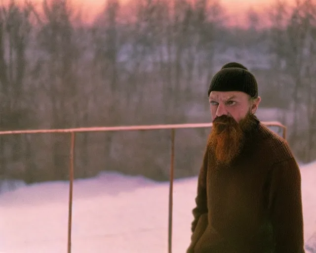 Image similar to lomographic tarkovsky film still of 4 0 years russian man with beard and sweater standing on small hrushevka 9 th floor balcony full with cigarette smoke in winter taiga looking at sunset, cinestill, bokeh