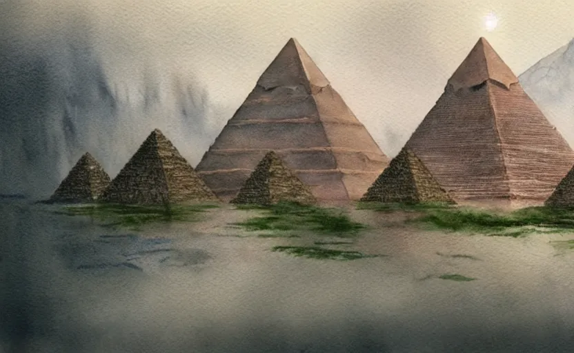 Image similar to a realistic and atmospheric cell - shaded watercolor concept art from howl's moving castle ( 2 0 0 4 ) of a sci - fi city and an egyptian pyramid complex in a flooded rainforest. very dull muted colors, hd, 4 k, hq