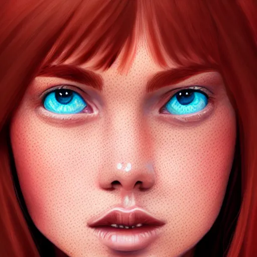 Image similar to portrait of a teen girl with freckles with long red hair and bright brown eyes, 8 k, highly detailed, digital painting, artstation, sharp focus, illustration