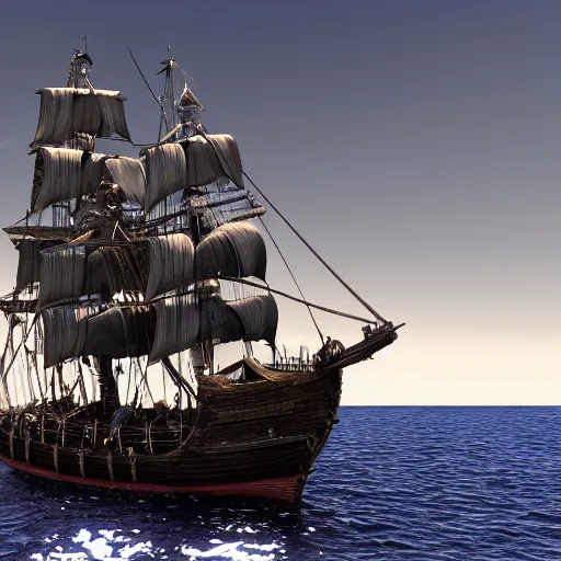 Image similar to pirates of the caribbean, the black pearl, sailing on a beautiful ocean, 3 d render