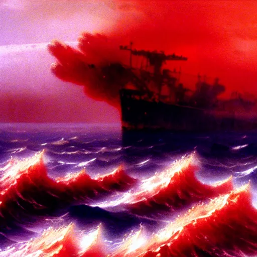 Image similar to bloody ocean, rusted iron ship sinking in red blood ocean, by hideaki anno, Ivan Aivazovsky, junji ito, hd 8k,