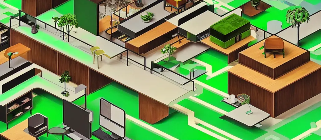 Prompt: huge gargantuan angular dimension of infinite indoor 7 0 s green velvet and wood with metal furniture office scenario. surrealism, mallsoft, vaporwave, trending on artstation, shot from above, axonometric camera perspectic, epic scale by escher