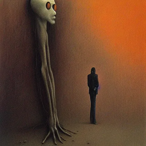 Prompt: slenderman, high detail, masterpiece, oil on canvas, art by beksinski