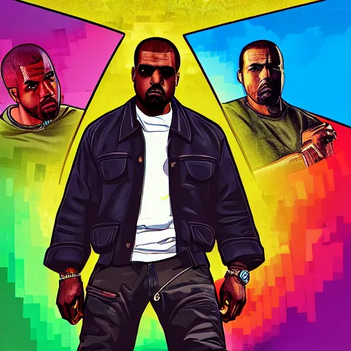 Prompt: illustration gta 5 artwork of kanye west, in the style of gta cover art, by stephen bliss
