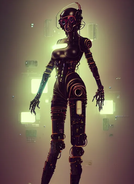 Image similar to soft lustrous full body ebony biotech raver gutter punk cyberpunk robot bioweapon, golden ratio, details, scifi, fantasy, cyberpunk, intricate, decadent, highly detailed, digital painting, octane render, artstation, concept art, smooth, sharp focus, illustration, art by artgerm, loish, wlop