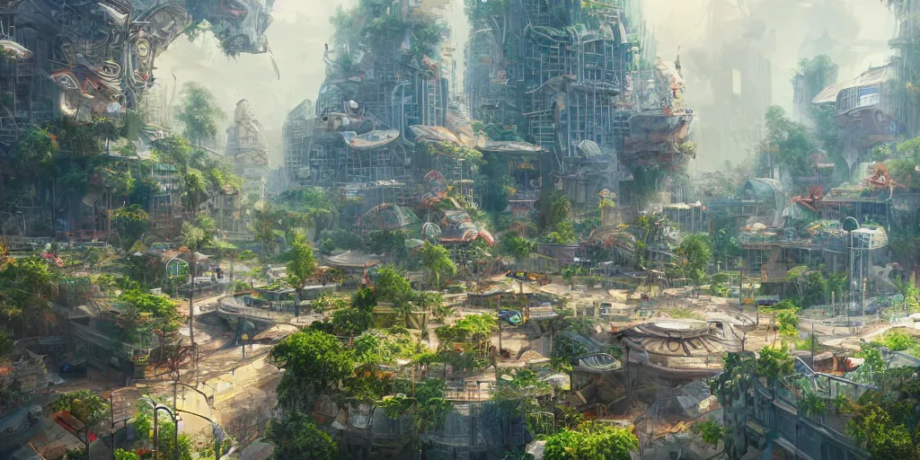 Image similar to a utopian city, filled with fauna, with building floating around everywhere, building cover with plant, dynamic lighting, fantasy concept art, trending on art station, stunning visuals, creative, cinematic, intricately detailed, unreal engine, 4 k