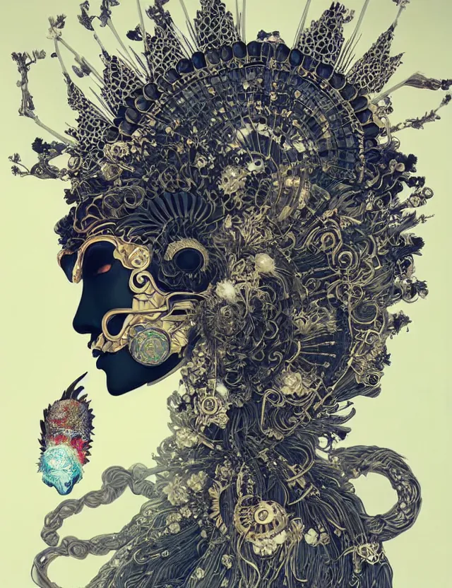 Image similar to goddess portrait with mask and crown made of ram skull. beautiful intricately detailed japanese crow kitsune mask and clasical japanese kimono. betta fish, jellyfish phoenix, bioluminescent, plasma, ice, water, wind, creature, super intricate ornaments artwork by tooth wu and wlop and beeple and greg rutkowski