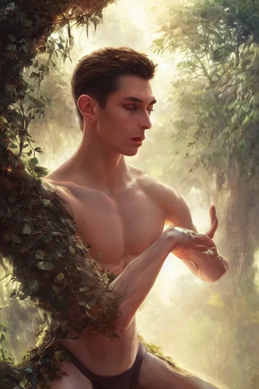 Prompt: stunningly beautiful, male prima ballerina in jungle, symmetrical face, golden hour, smooth, focus, highly detailed, hyper realistic, dramatic lighting, elegant, intricate, concept art, art by wlop, mars ravelo, greg rutowski, artstation