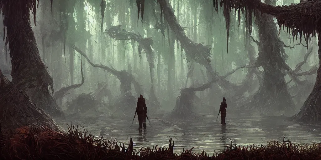 Prompt: reed - people in futuristic spiritual mystical post apocalyptic swampy forest in dagestan drawn by ron gilbert, dim painterly volumetric aquatic lighting, scenic, beautiful, crisp, artstation, highly detailed