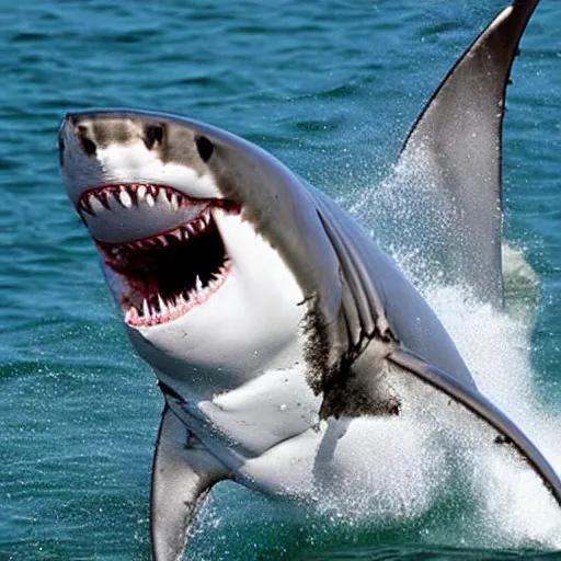 Image similar to drug - fueled great white shark on a rampage, involved with criminal activity, smarter than a human