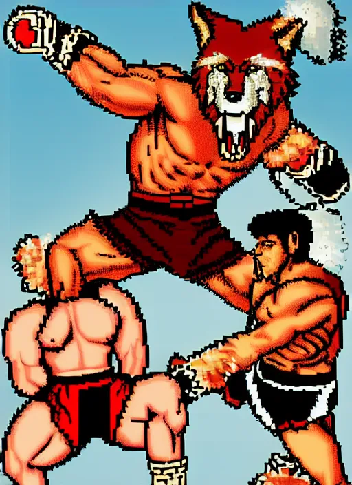 Image similar to extreme long shot. 8 bit nes graphics. antropomorphic muscular masculine wolf. kickboxer fighter, in shorts. wolf head. furr on body.