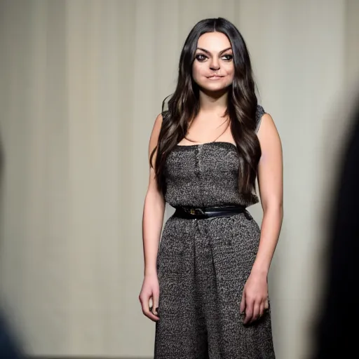 Prompt: Mila Kunis at a fashion show, clothed, XF IQ4, f/1.4, ISO 200, 1/160s, 8K, RAW, unedited, symmetrical balance, in-frame, sharpened