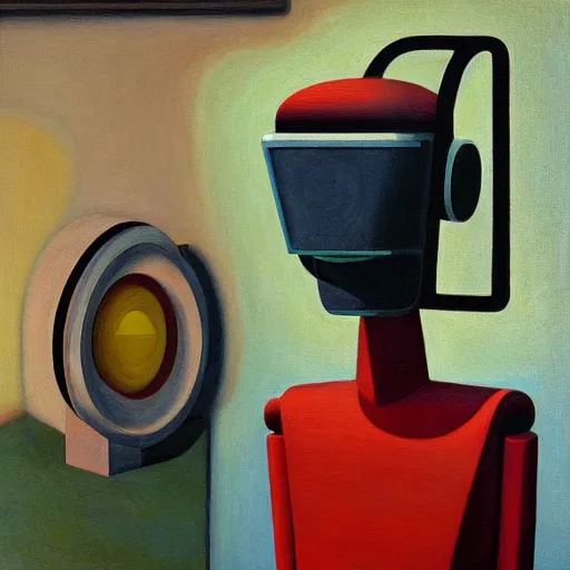 Image similar to brutalist robot with kind eyes portrait, lowbrow, pj crook, grant wood, edward hopper, oil on canvas