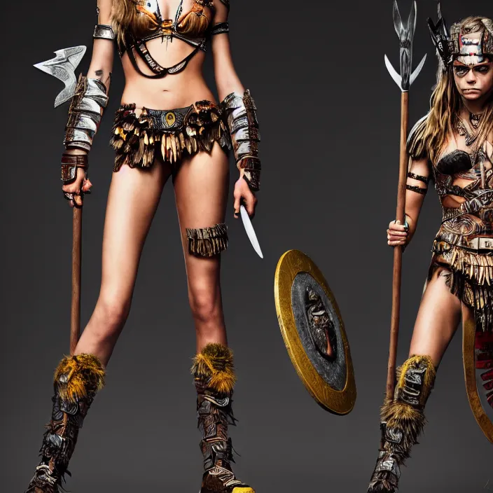 Image similar to professional full length photograph of cara delevingne as an amazon warrior. Extremely detailed. 8k