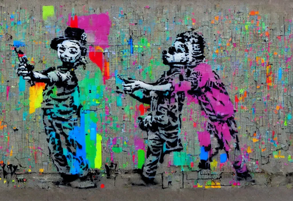 Image similar to full color banksy graffiti with statement of ai art is not art, detailed, realistic, glitch art effect