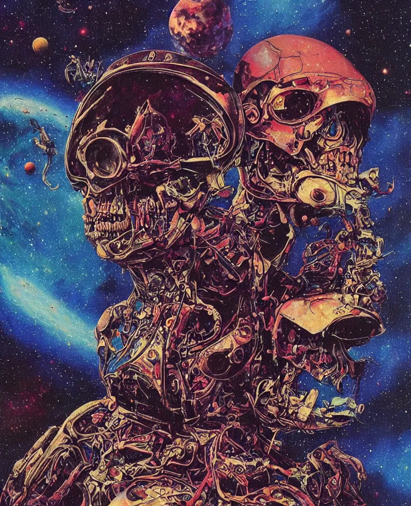 Prompt: a psychedelic cosmonaut skeleton tearing his suit off, rainbow melting color scheme, floating in the cosmos nebula, glass space helmet, in front of a destroyed retrofuturism spaceship, Beksinski, Greg Hildebrandt, 8k highly detailed ❤️‍🔥 🔥 💀 🤖 🚀