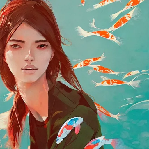 Image similar to a ultradetailed beautiful portrait panting of a stylish woman surrounded by floating koi fish, by conrad roset, greg rutkowski and makoto shinkai, trending on artstation