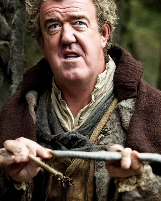 Image similar to film still close - up shot of jeremy clarkson as bilbo baggins from the movie the hobbit. photographic, photography