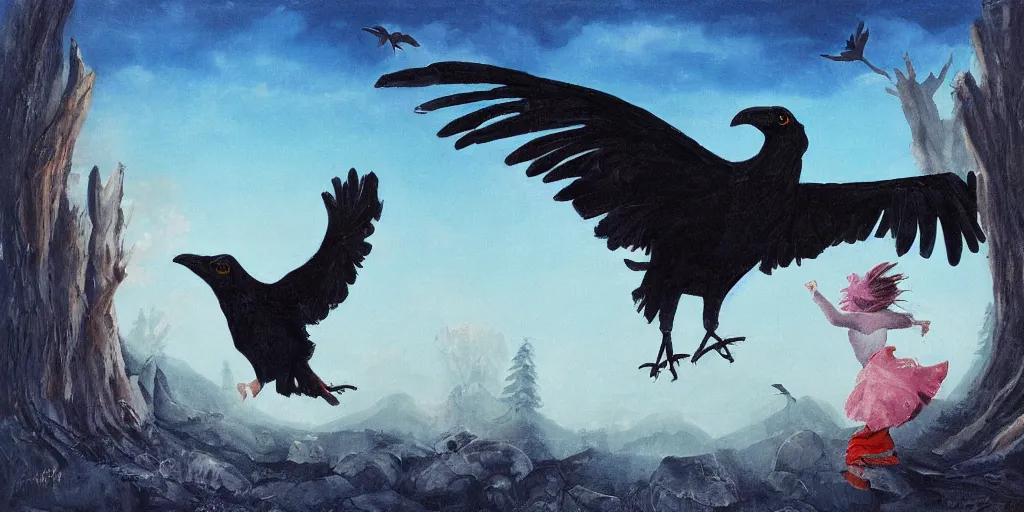 Image similar to giant crow painting chasing a girl in a magical landscape