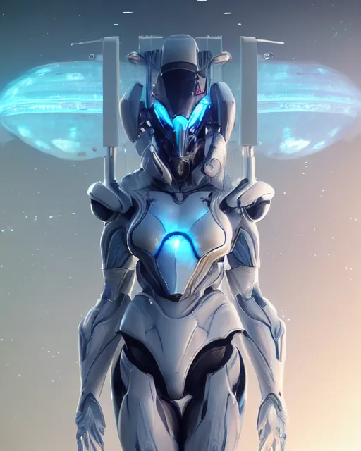 Image similar to perfect android girl on a mothership, warframe armor, beautiful face, scifi, futuristic, galaxy, nebula, raytracing, dreamy, long white hair, blue cyborg eyes, sharp focus, cinematic lighting, highly detailed, artstation, divine, by gauthier leblanc, kazuya takahashi, huifeng huang