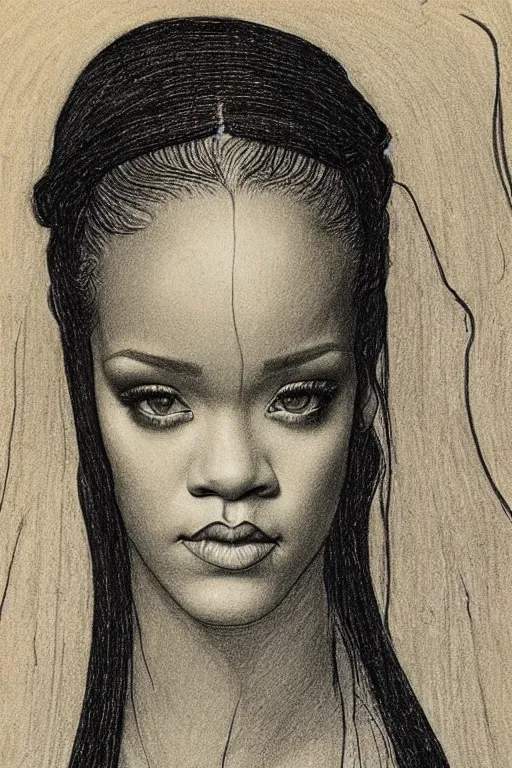 Prompt: a portrait of rihanna in the style of leonardo da vinci drawing,, single head, no double head,