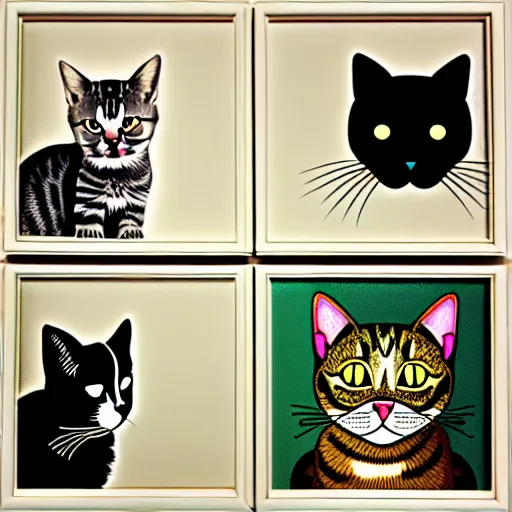 Prompt: picture divided into 4 equal areas. each quarter contains a different image of a cat