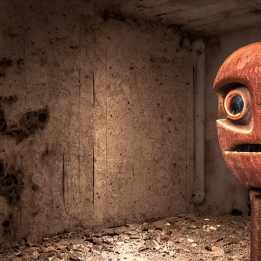 Image similar to photo of an abandoned dirty humanoid robot looking at the camera and smiling with a creepy face in a basement by Greg Rutkowski, dark, creepy, horror, disgusting, dust, brown scheme color, uncanny valley, full shot, photo photo, depth of field, red eyes