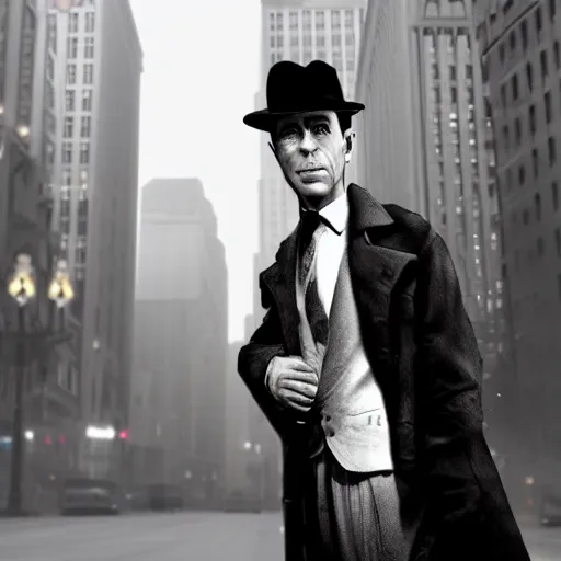 Image similar to a picture of a man with the face of humphrey bogart, wearing a 1 9 4 0's noire detective outfit with fedora and trench coat, standing in the streets of chicago at night, detailed unblurred face, 4 k octane render highly realistic digital painting