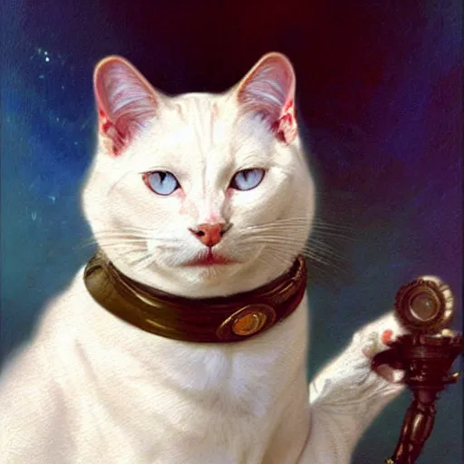 Image similar to a portrait of a manly white cat feline, blue eyes, star trek the next generation. highly detailed painting by gaston bussiere, craig mullins, j. c. leyendecker, furry