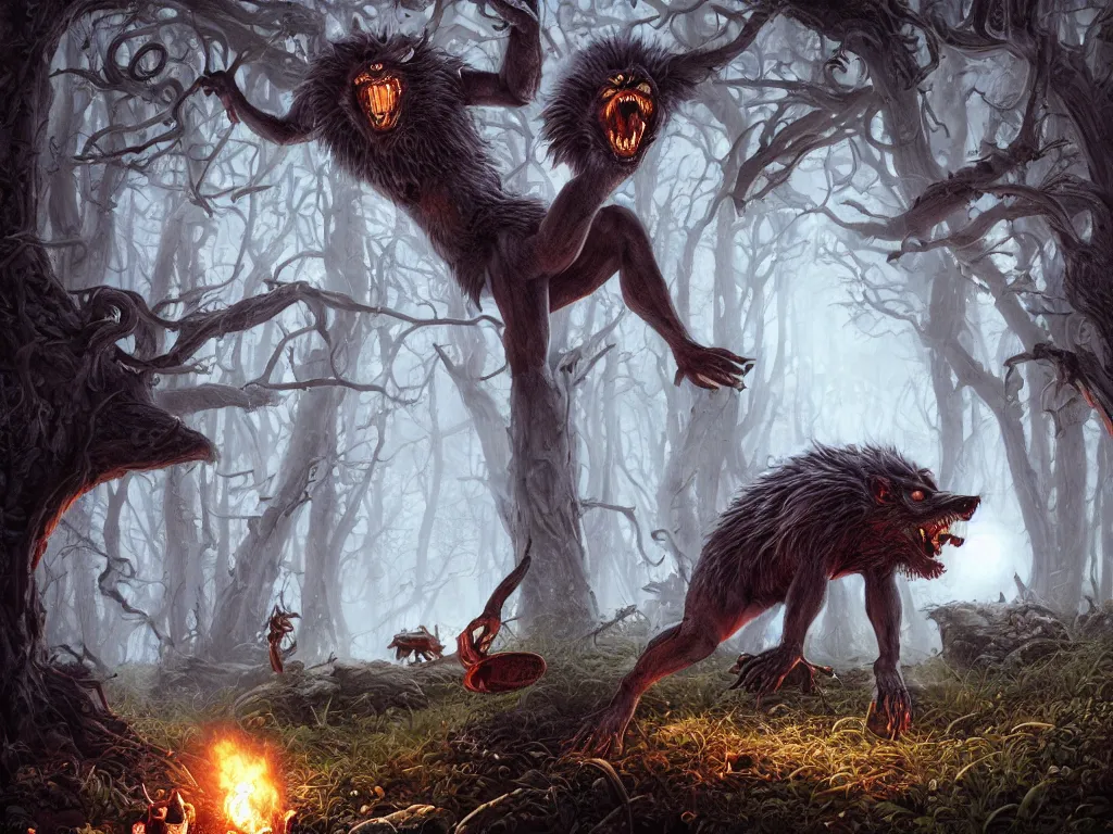 Prompt: Drunk mad mushroom-werewolf. Photorealistic, lifelike, Unreal Engine, sharp, detailed, 8K, by Gerald Brom, Dan Mumford, Stephan Martiniere