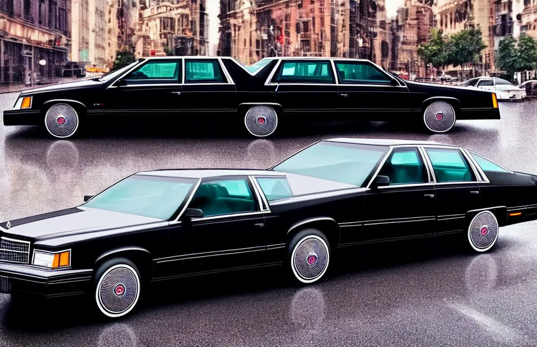 Prompt: hyper realistic, high detail real life photo of black 1 9 9 2 cadillac de ville, city streets wet, beautiful, dreary lighting