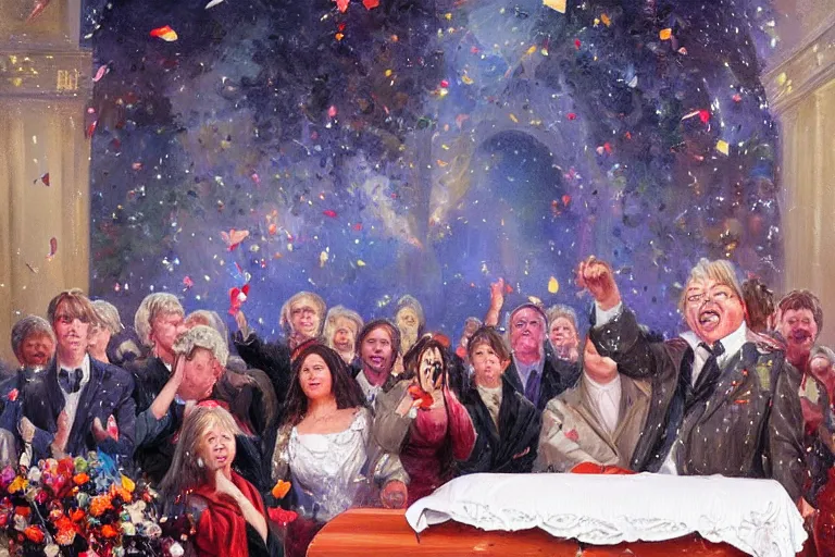 Prompt: portrait of rip taylor throwing confetti during a funeral service, an oil painting by ross tran and thomas kincade