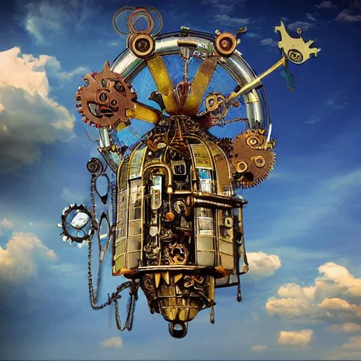 Prompt: flying city in a mechanical flower flower, sky, steampunk!!!, fantasy art, steampunk, masterpiece