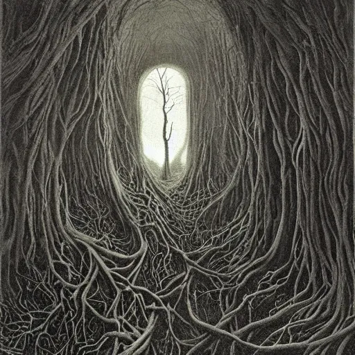 Prompt: Detailed painting of a staircase overgrown by tree roots leading to an evil portal overgrown by tree roots, ominous, night, dark, by Zdzisław Beksiński