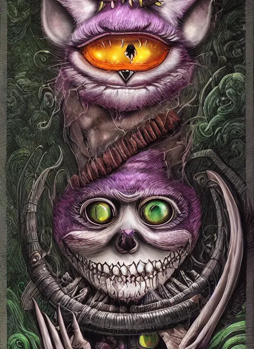 Prompt: cheshire cat having a cigar death tarot card, highly detailed, half skull face, cinematic, 8 k, bymegan duncanson, benjamin lacombe, naoto hattori, adrian borda, giger, trending on deviantart, hyper detailed, horror, full of colour