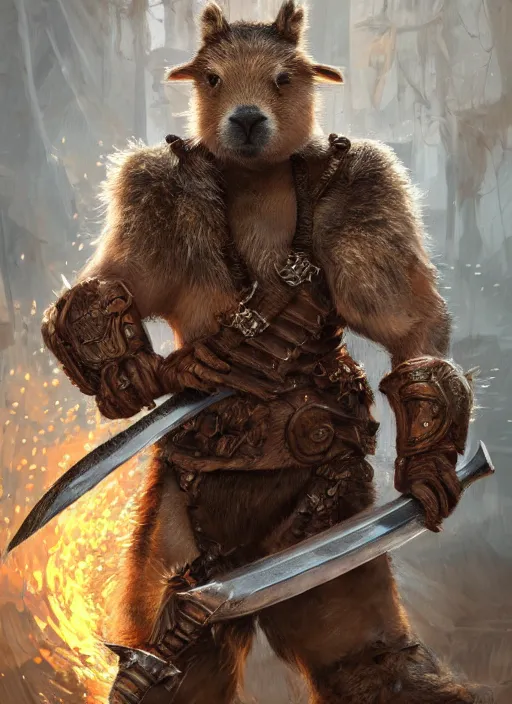 Image similar to detailed full body concept art illustration, oil painting on canvas of an anthropomorphic capybara barbarian swinging a broad sword in full intricate clothing, biomutant, dystopian, micro detail, octane render, 4K