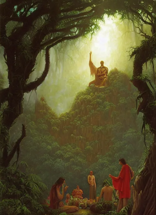 Image similar to ancestors protecting a shaman praying in the jungle, old faces in the clouds, art by christophe vacher