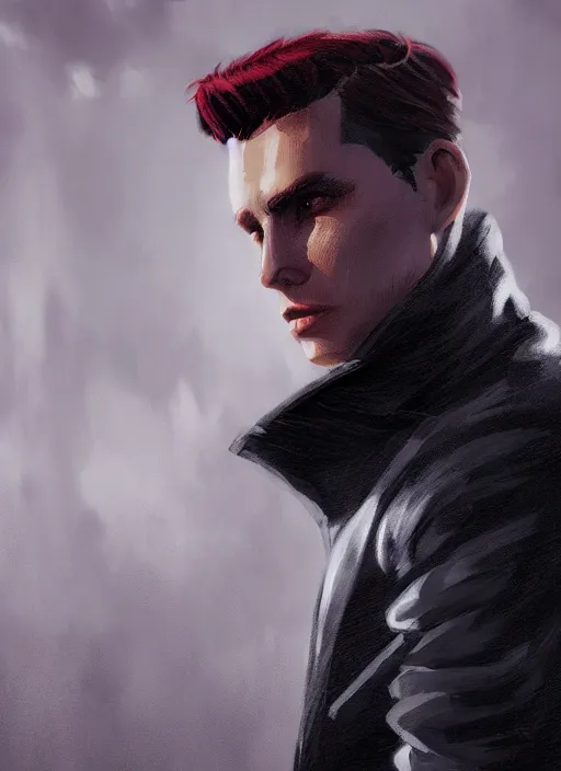 Image similar to An epic fantasy comic book style portrait painting of a young man with black cowlick haircut, wearing black overcoat, red clothes, blue jeans. Unreal 5, DAZ, hyperrealistic, octane render, cosplay, RPG portrait, dynamic lighting