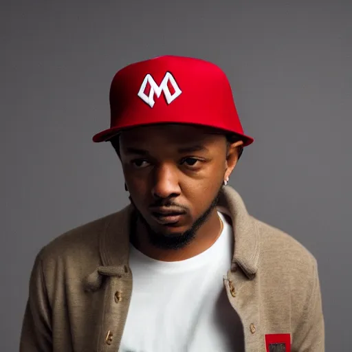 Prompt: kendrick lamar wearing mario hat, red hat with white circle and red m, studio lighting