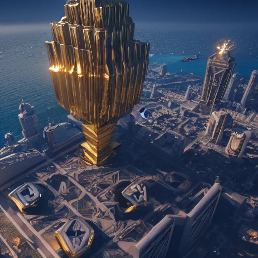 Prompt: a golden fantasy sci fi luxurious city with cerulean oceansides and a tower, scandinavian / norse influenced, cinematic, ray traced, octane render, cinematic lighting, ultrarealistic, featured on artstation, 8 k uhd artwork