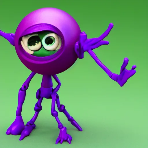 Image similar to photo of a comically tiny clay model of character with large spherical purple head and large childlike eyes with comically tiny body and spindly limbs leans close to the camera, fish eye lens, 4 k, hyper realistic, hyper detailed face, octane render, comedic, cute