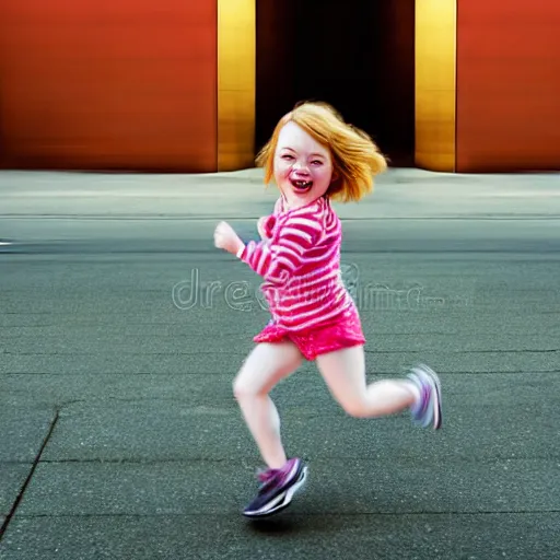 Image similar to portrait of midget emma stone running down a sidewalk, sharp focus, 4 k editorial photograph, soft lighting