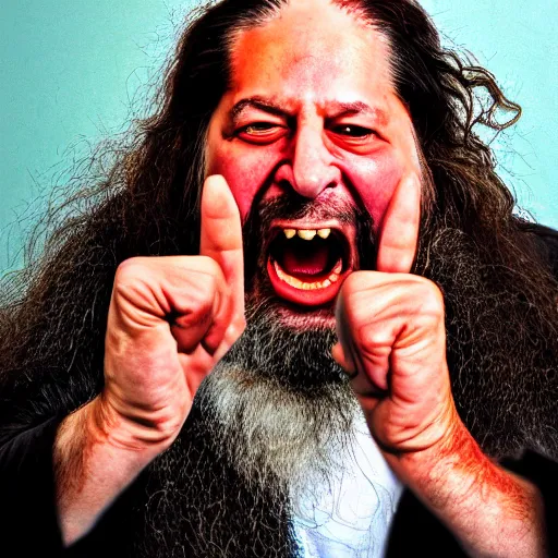 Prompt: richard stallman screaming, angry, waving fists, furious, photograph, photorealistic, detailed, 8k HDR, trending on artstation,