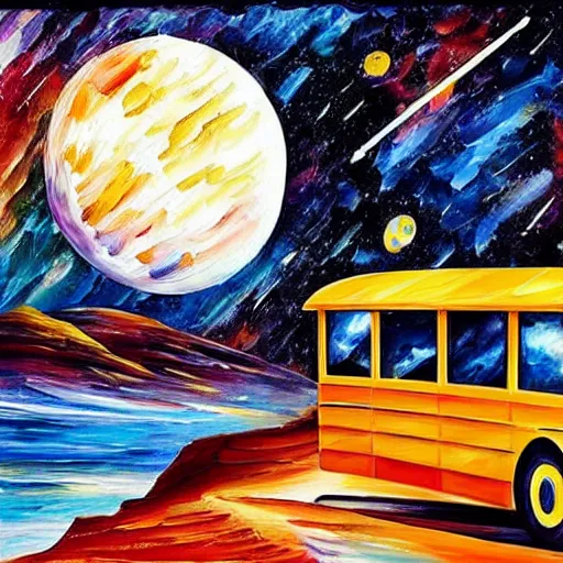 Image similar to school bus, on mars, school bus on mars, earth in the background, shooting stars, nebula, drawn by Leonid Afremov