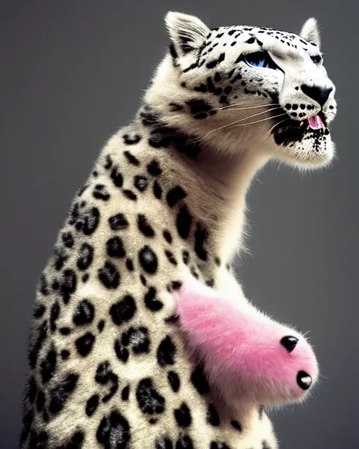 Image similar to natural light, soft focus portrait of a cyberpunk anthropomorphic snow leopard with soft synthetic pink skin, blue bioluminescent plastics, smooth shiny metal, elaborate ornate head piece, piercings, skin textures, by annie leibovitz, paul lehr